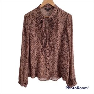 JESSICA Sheer Leopard long sleeve ruffle front, animal print button down Large